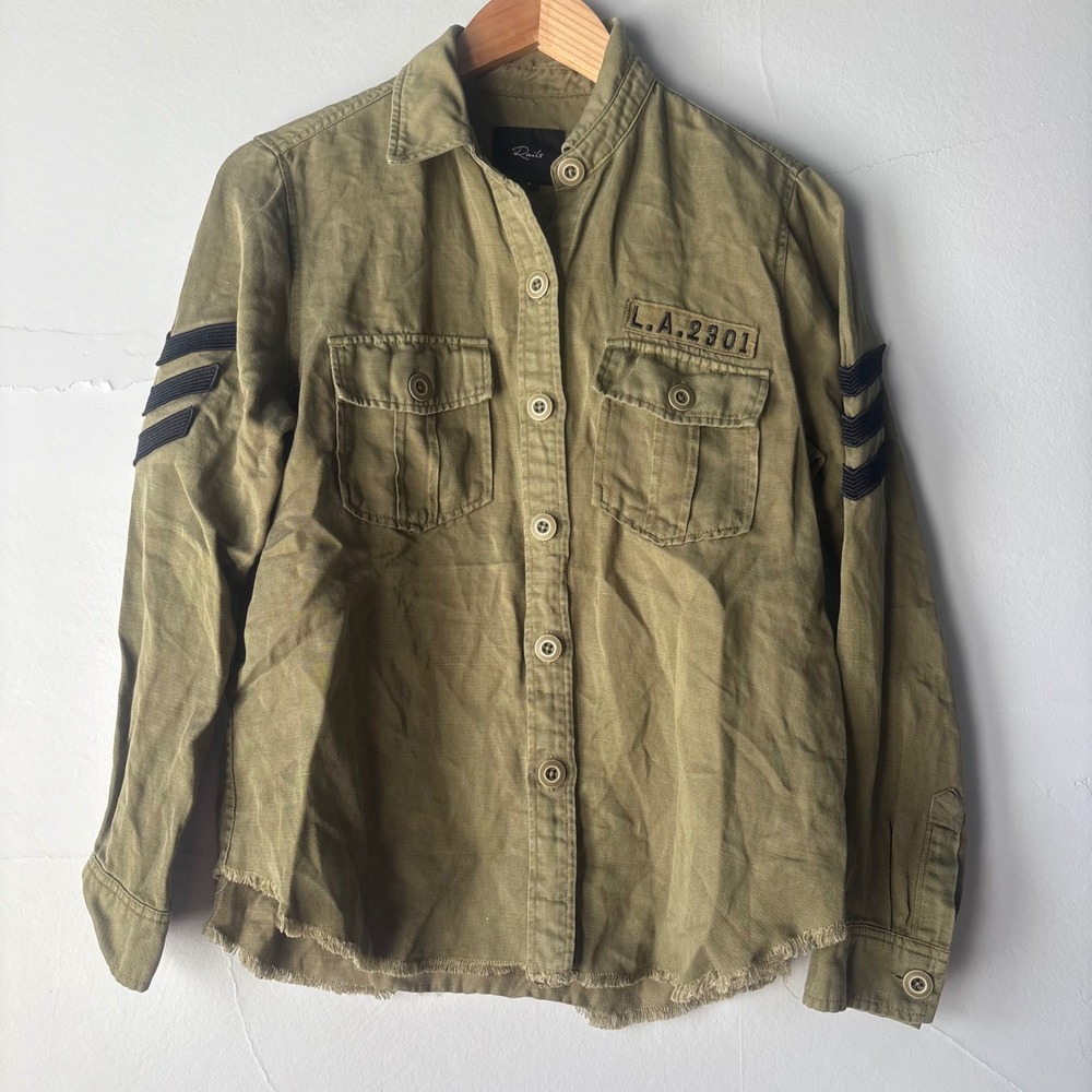 Rails Loren Military Shirt Jacket Olive Green Embroidered Patch Frayed Hem Small - Picture 6 of 12